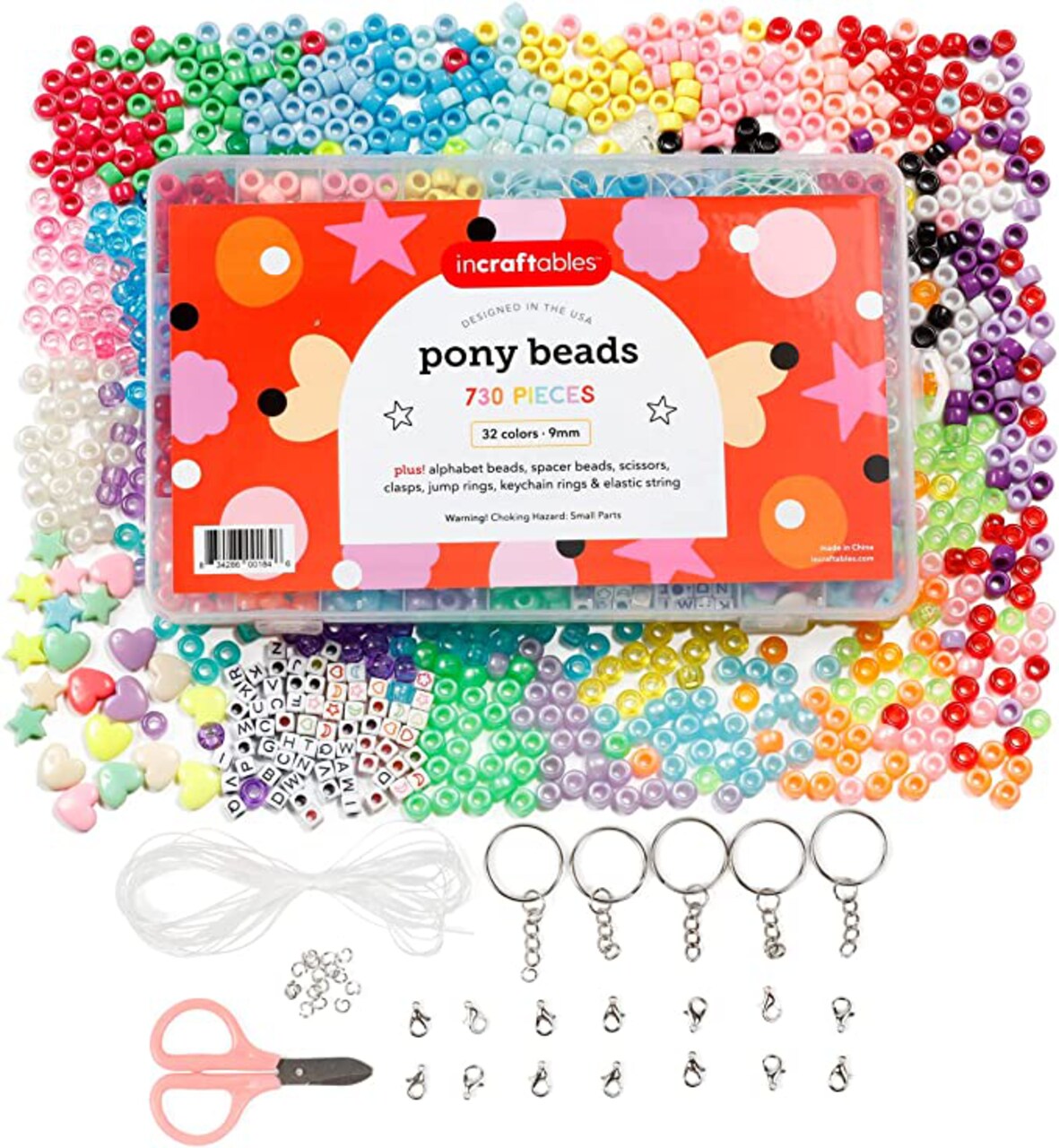 Incraftables Pony Beads for Bracelets Making 9mm (32 colors). Large Rainbow Pony Bead Bulk Kit for DIY Jewelry & Hair Craft. Plastic Kandi Bead Set (730pcs) w/ Alphabet Letter, Small Colorful Spacers